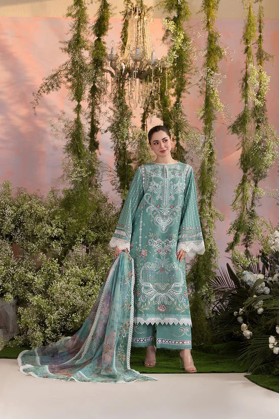 SOBIA NAZIR-3PC LAWN CHIKAN EMBROIDERED SHIRT WITH CHIFFON PRINTED DUPATTA AND EMB TROUSER-UR-3576