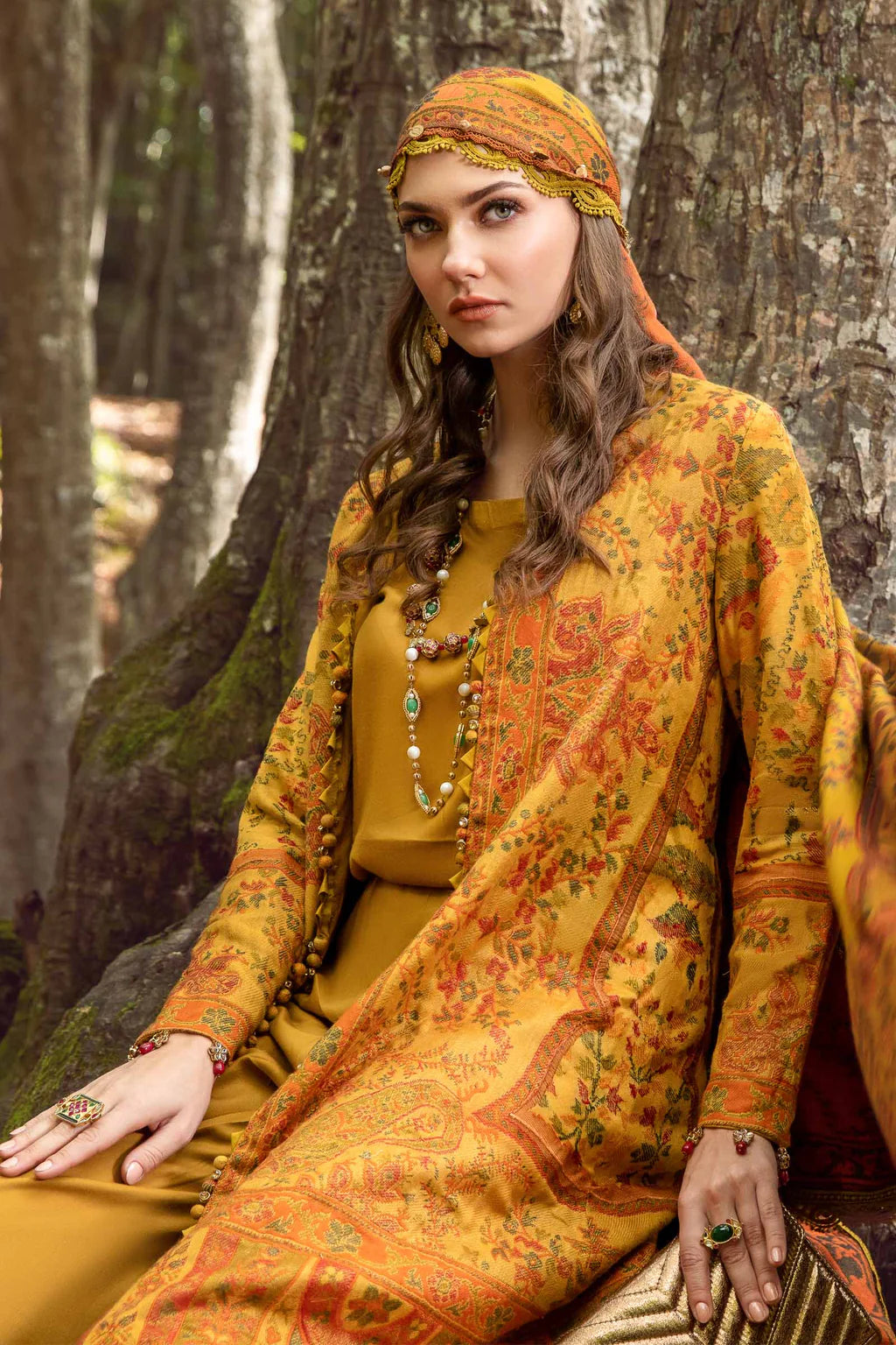 MARIA.B-3PC KARANDI EMBROIDERED SHIRT WITH COURTRAI PRINTED SHAWL AND TROUSER-UR-4062