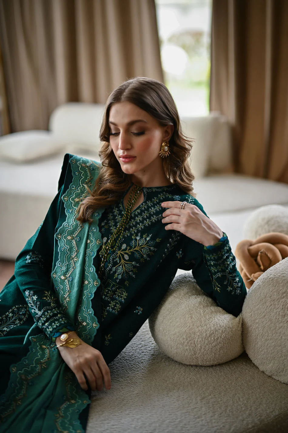 BATIK-3PC KARANDI EMBROIDERED SHIRT WITH DHANAK EMBROIDERED SHAWL AND TROUSER-UR-4086