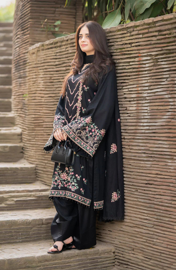 LIBAAS-3PC DHANAK EMBROIDERED SHIRT WITH DHANAK EMBROIDERED SHAWL & TROUSER