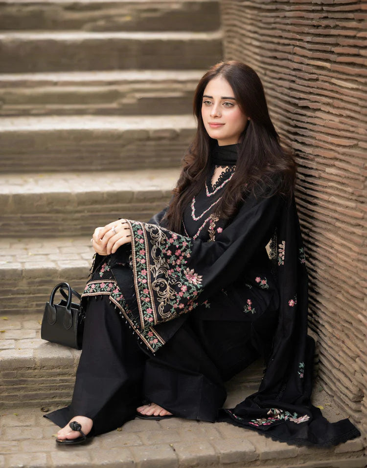 LIBAAS-3PC DHANAK EMBROIDERED SHIRT WITH DHANAK EMBROIDERED SHAWL & TROUSER