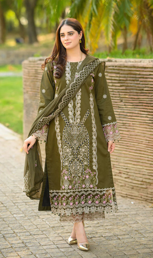 LIBAAS-3PC KARANDI EMBROIDERED SHIRT WITH KARANDI EMBROIDERED SHAWL & EMB TROUSER-UR-4044