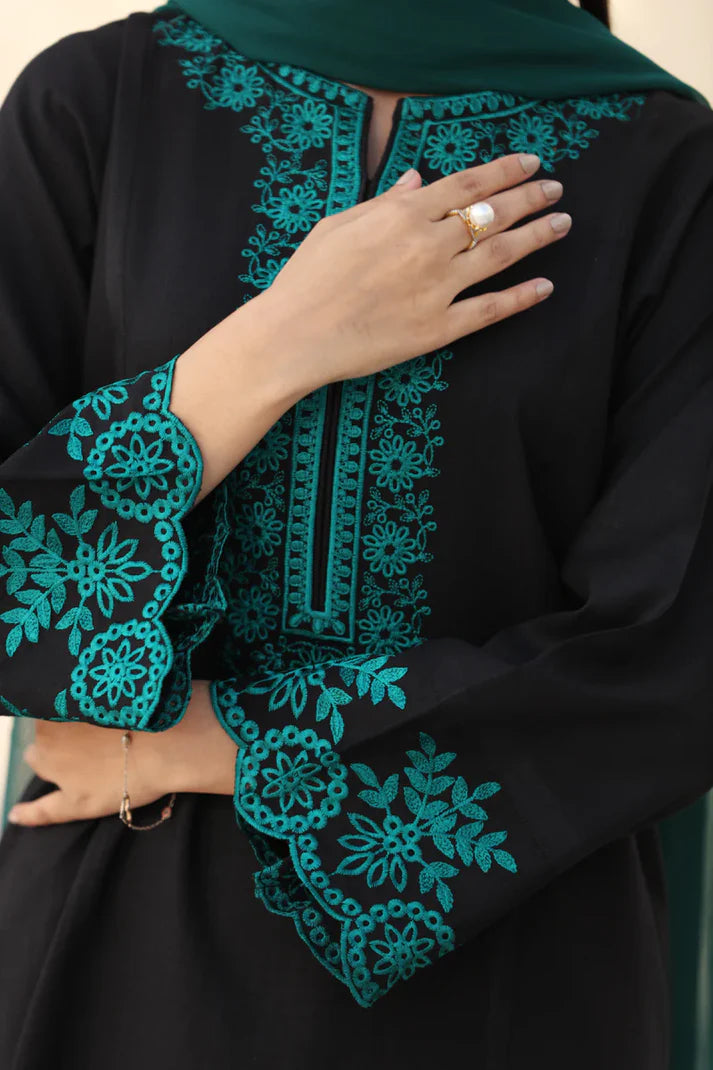 FEROZAE-2PC DHANAK EMBROIDERED SHIRT WITH DHANAK EMB TROUSER-TBF-BLACK