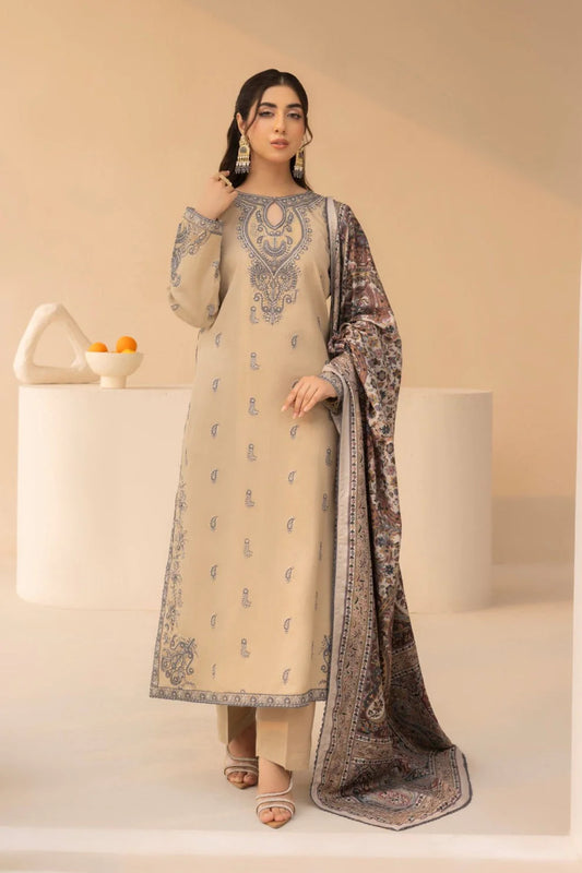 JAZMIN.-3PC LAWN EMBROIDERED SHIRT WITH MONARK PRINT DUPATTA AND TROUSER-UR-2572