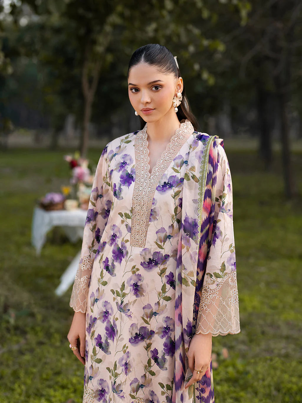 GARNET-3PC LAWN PRINTED EMB SHIRT WITH SILK PRINTED DUPATTA AND PRINTED TROUSER-UR-545