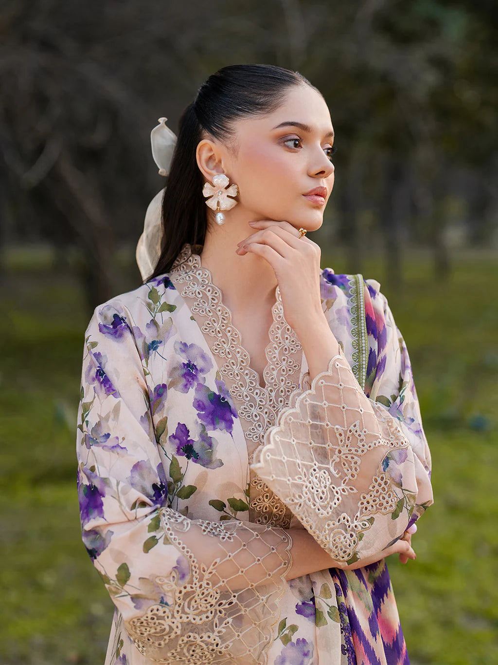 GARNET-3PC LAWN PRINTED EMB SHIRT WITH SILK PRINTED DUPATTA AND PRINTED TROUSER-UR-545