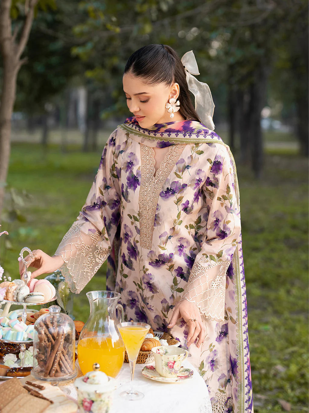 GARNET-3PC LAWN PRINTED EMB SHIRT WITH SILK PRINTED DUPATTA AND PRINTED TROUSER-UR-545