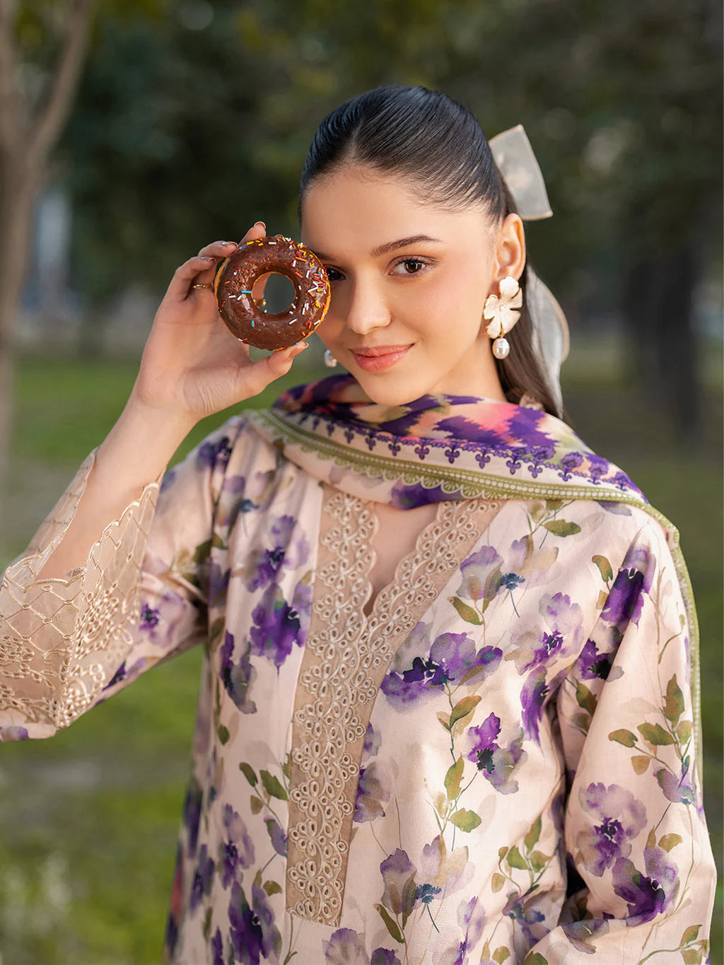 GARNET-3PC LAWN PRINTED EMB SHIRT WITH SILK PRINTED DUPATTA AND PRINTED TROUSER-UR-545