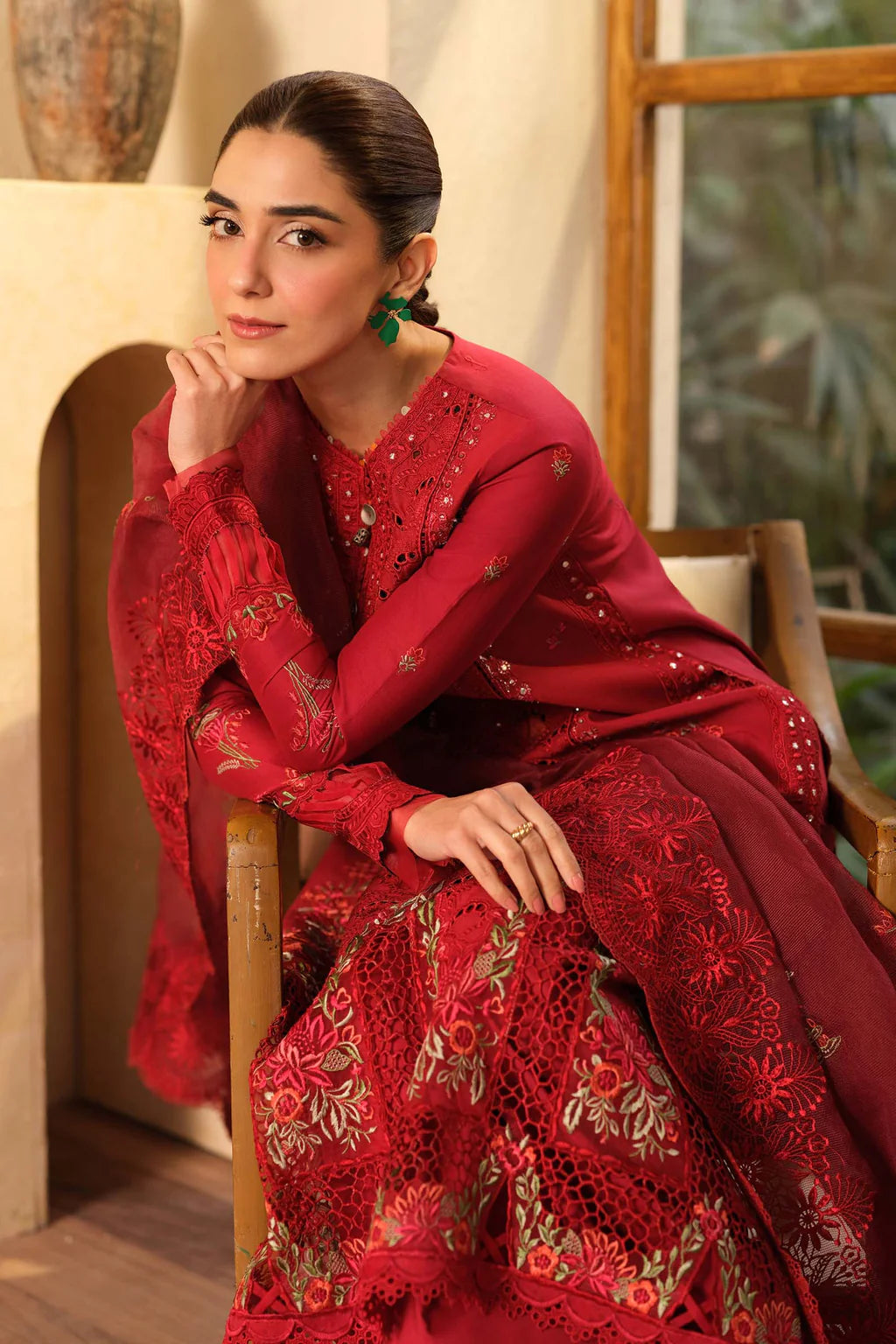 QALAMQAR-3PC LAWN EMBROIDERED SHIRT WITH KHADDI NET EMBROIDERED DUPATTA AND TROUSER-UR-3543