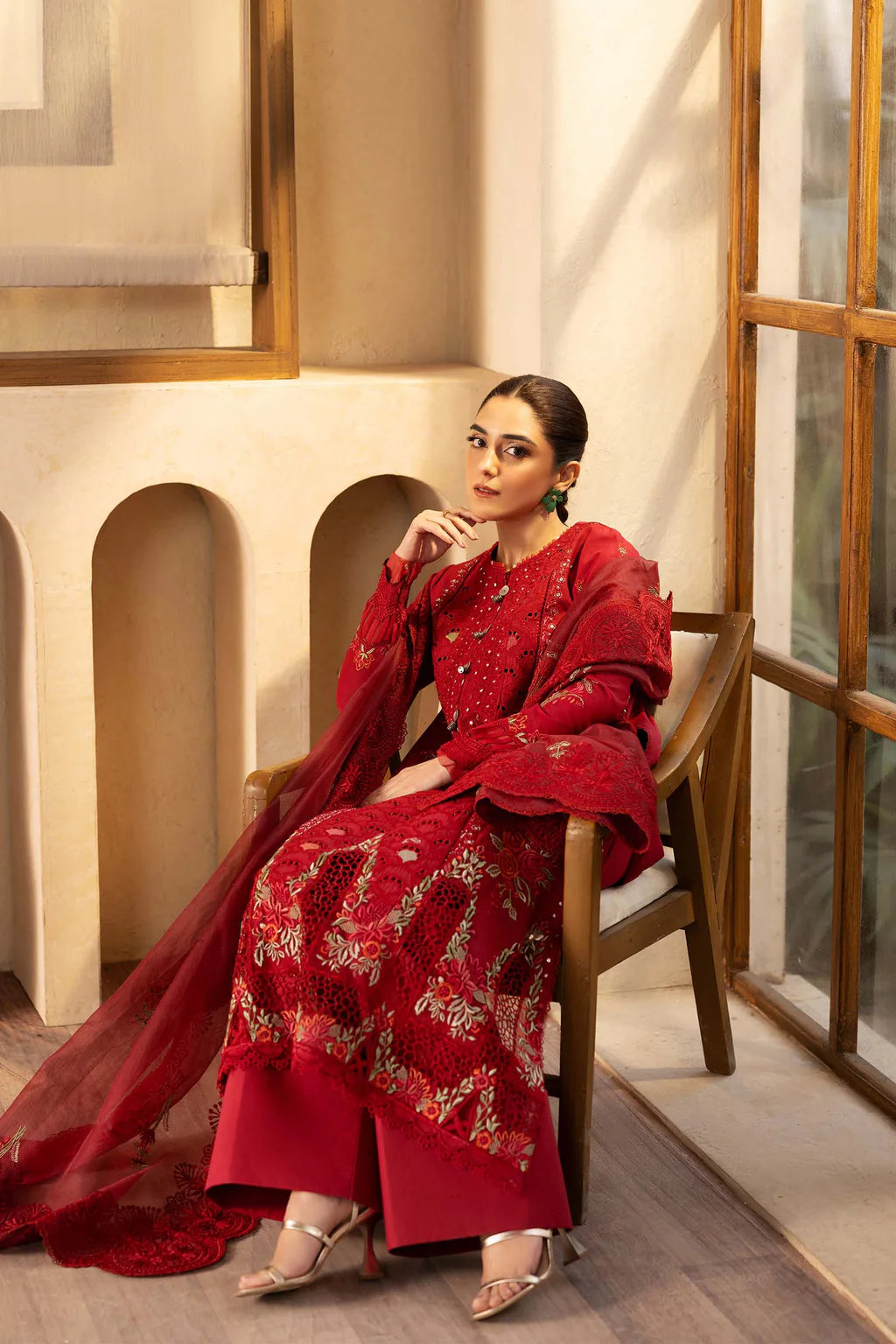 QALAMQAR-3PC LAWN EMBROIDERED SHIRT WITH KHADDI NET EMBROIDERED DUPATTA AND TROUSER-UR-3543