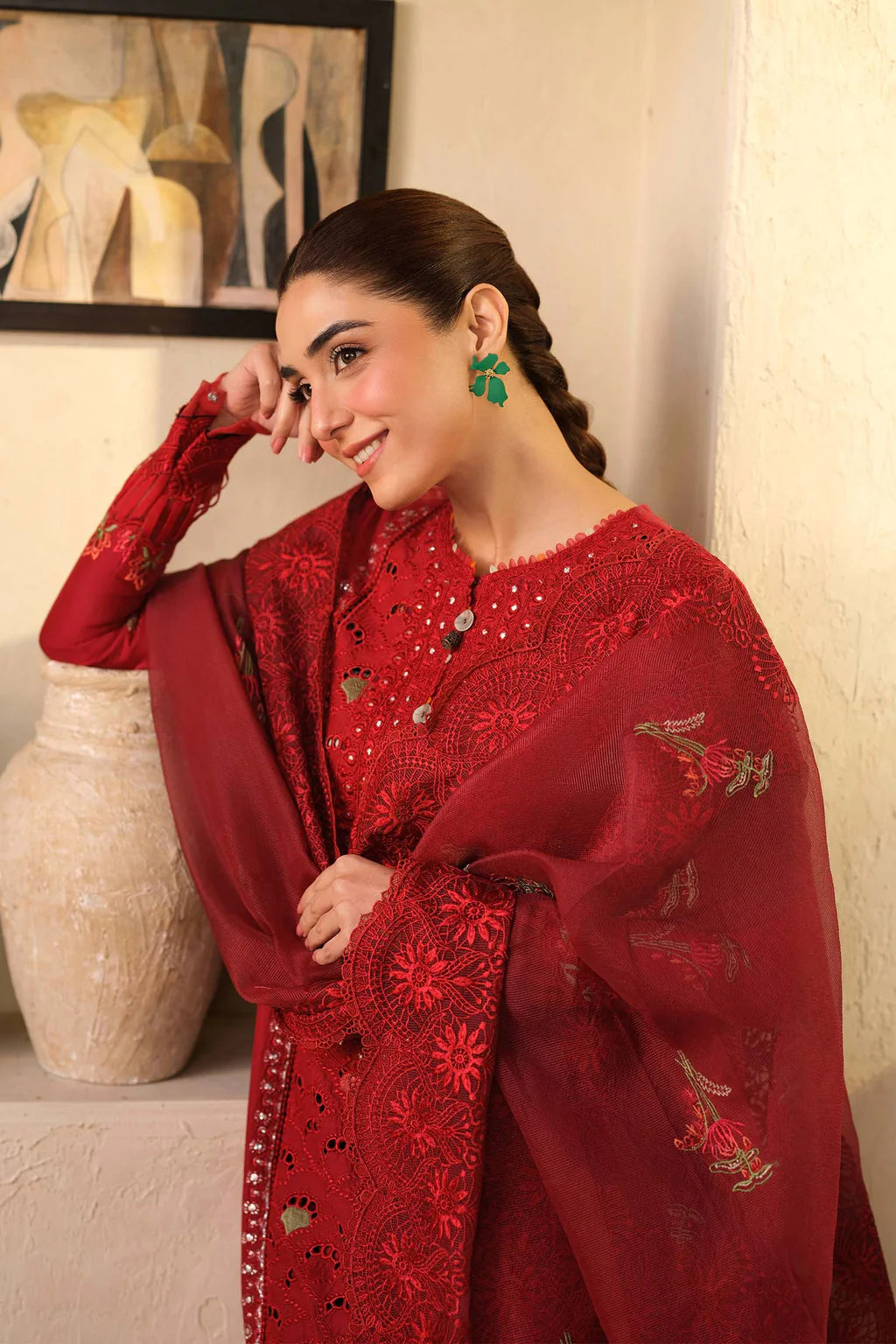 QALAMQAR-3PC LAWN EMBROIDERED SHIRT WITH KHADDI NET EMBROIDERED DUPATTA AND TROUSER-UR-3543