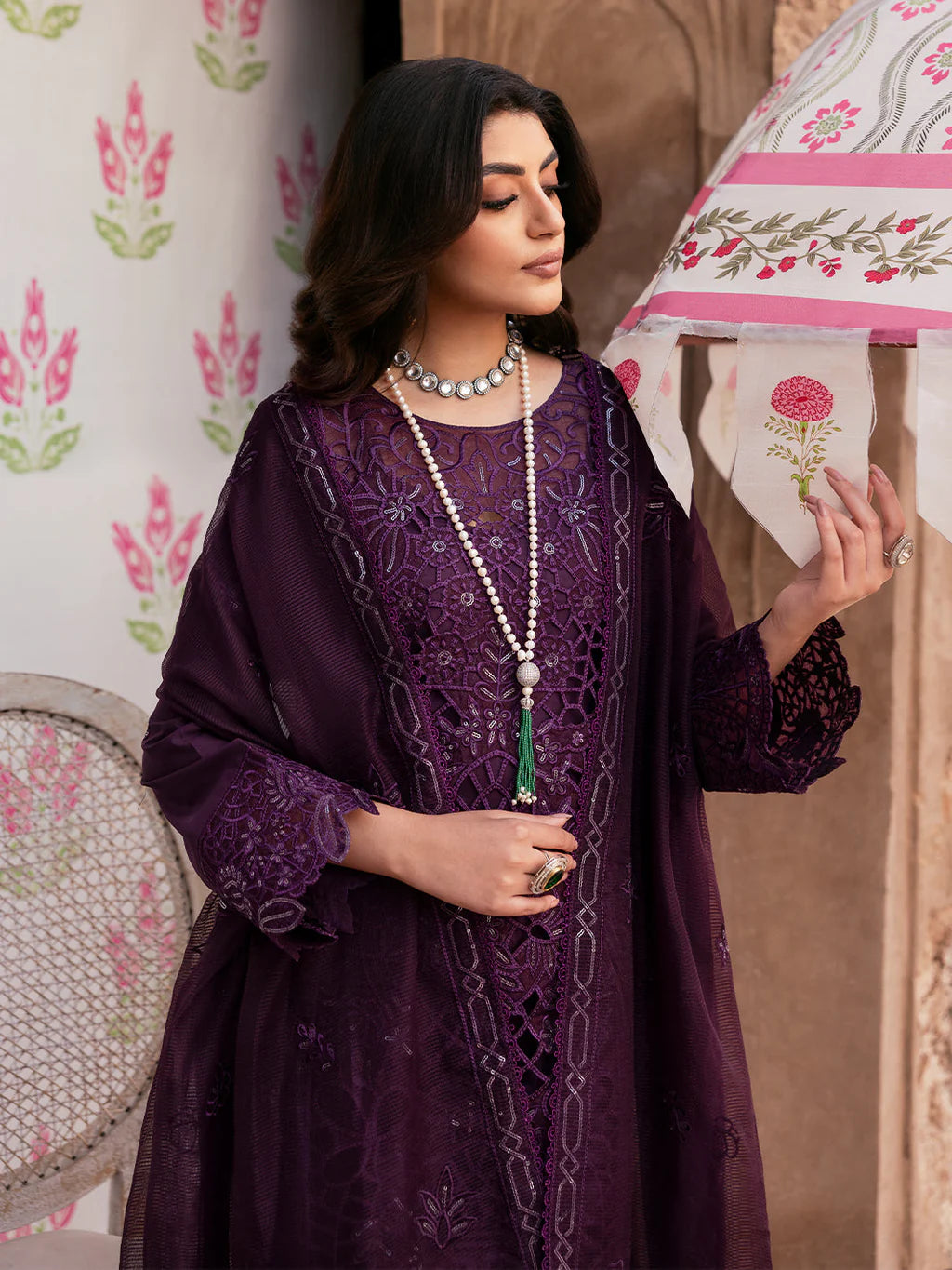 MAHNUR-3PC LAWN SEQUENCE EMBROIDERED SHIRT WITH KHADDI NET EMBROIDERED DUPATTA AND TROUSER-UR-3625