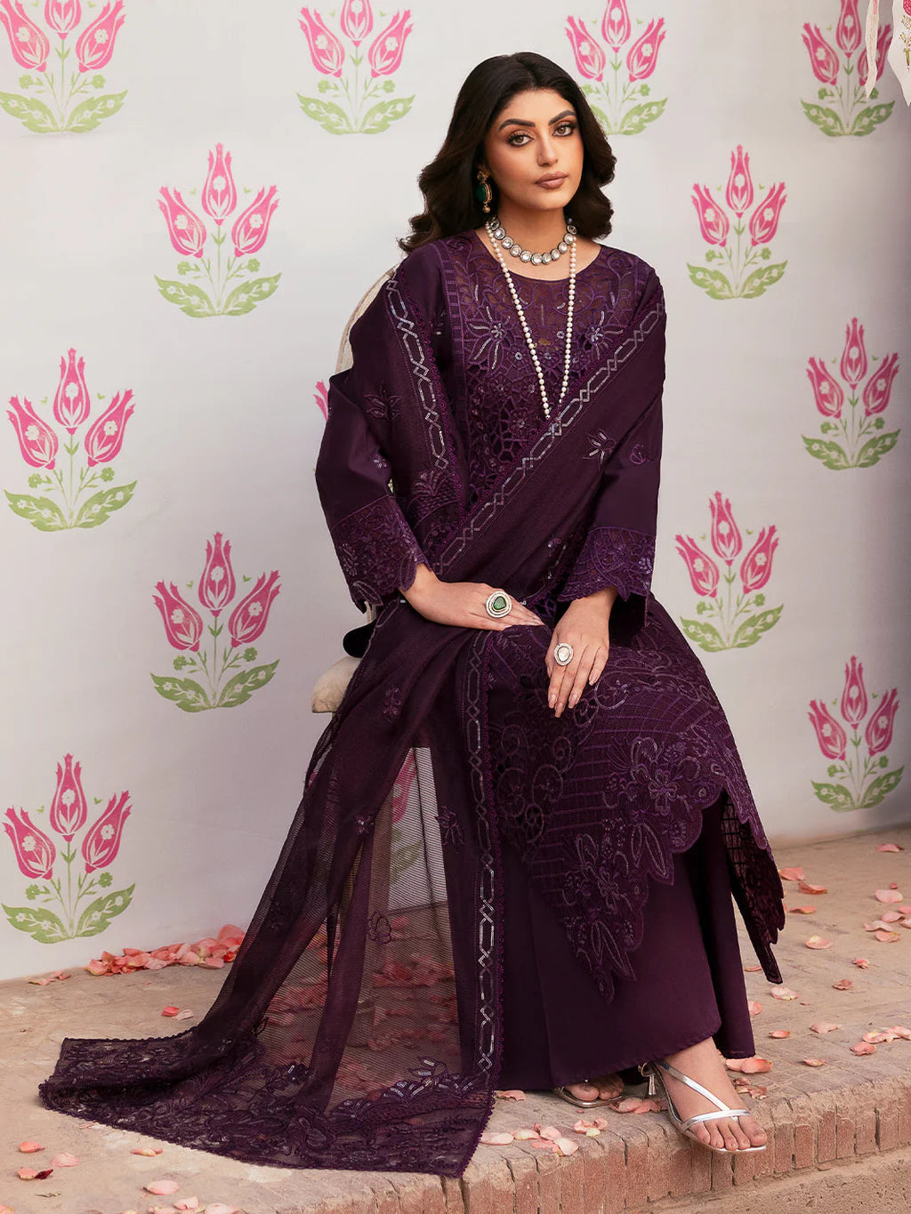 MAHNUR-3PC LAWN SEQUENCE EMBROIDERED SHIRT WITH KHADDI NET EMBROIDERED DUPATTA AND TROUSER-UR-3625