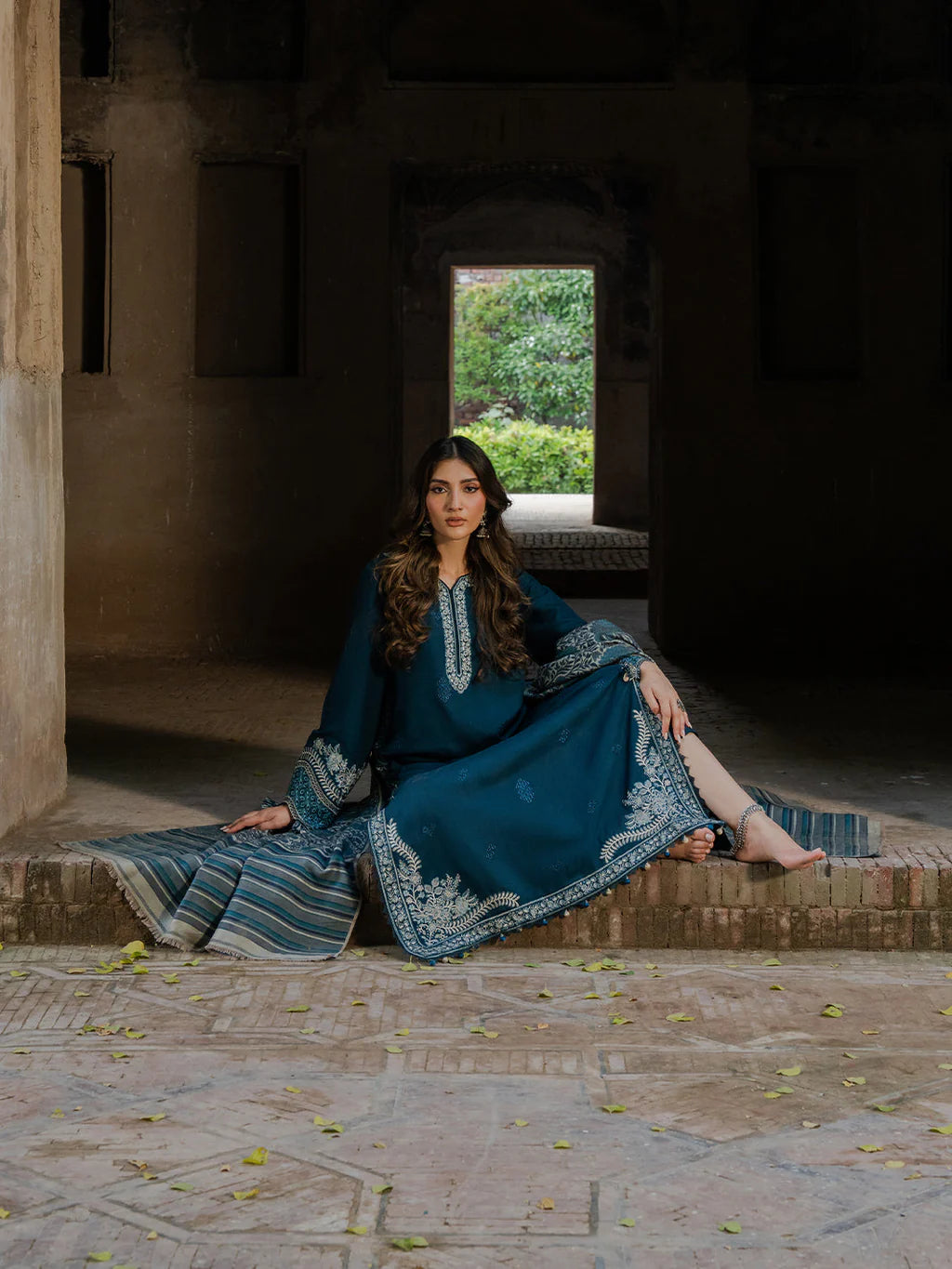 IZEL-3PC KHADDAR EMBROIDERED SHIRT WITH COURTRAI PRINTED SHAWL & TROUSER-UR-4532