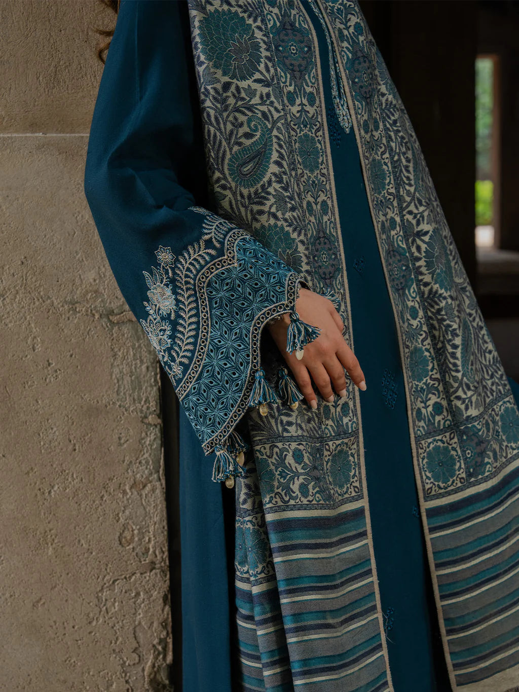 IZEL-3PC KHADDAR EMBROIDERED SHIRT WITH COURTRAI PRINTED SHAWL & TROUSER-UR-4532