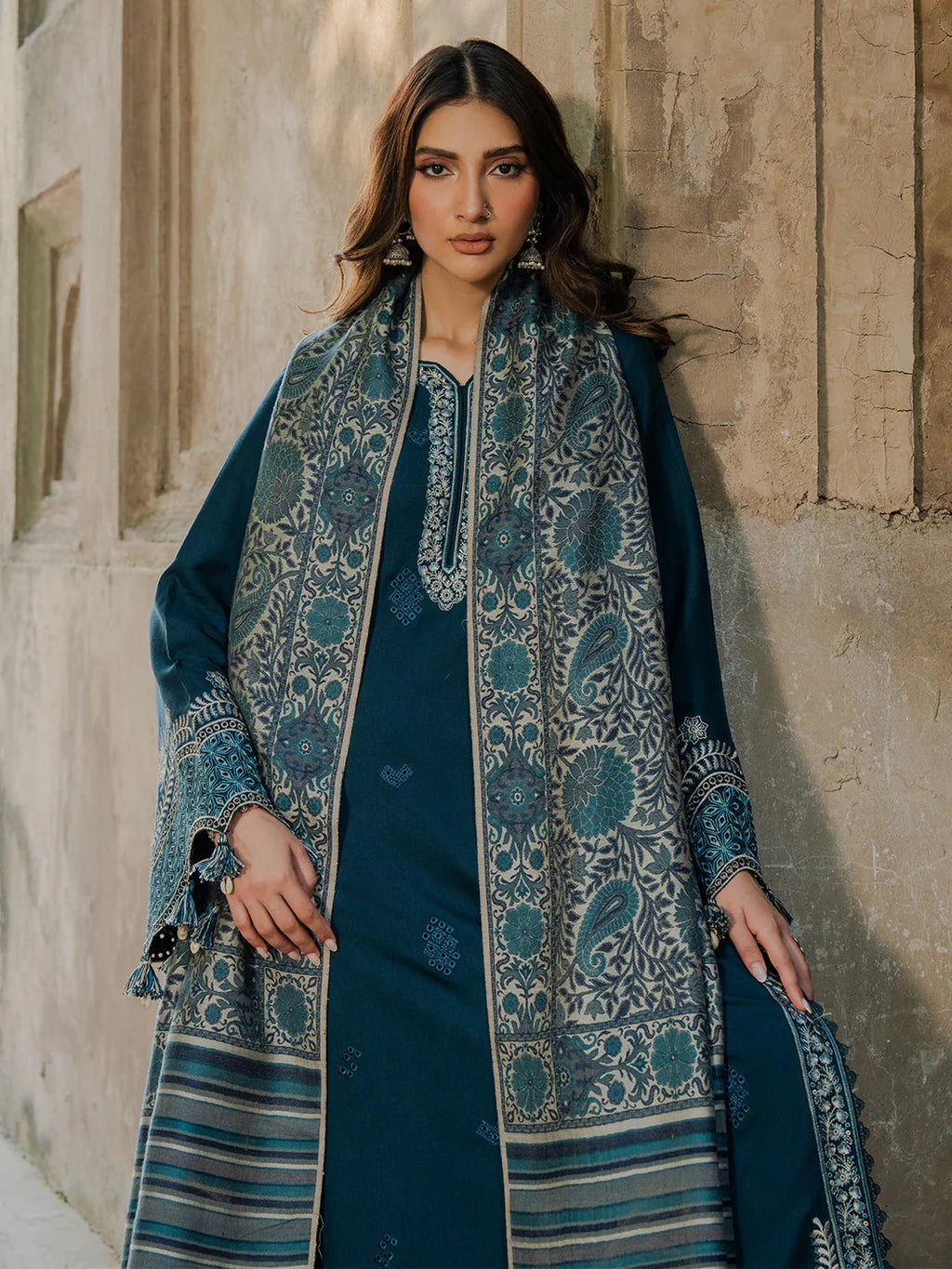 IZEL-3PC KHADDAR EMBROIDERED SHIRT WITH COURTRAI PRINTED SHAWL & TROUSER-UR-4532