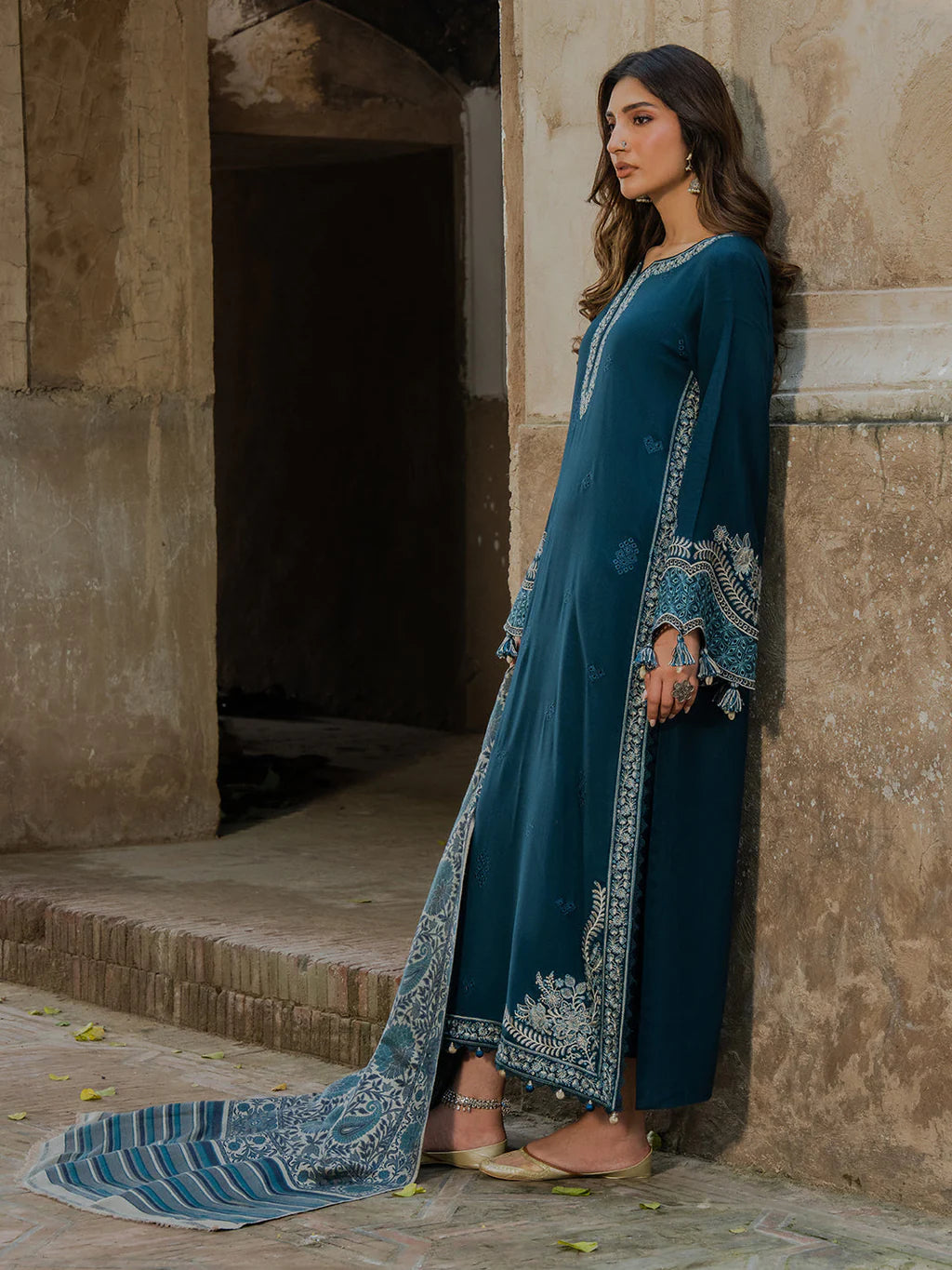 IZEL-3PC KHADDAR EMBROIDERED SHIRT WITH COURTRAI PRINTED SHAWL & TROUSER-UR-4532