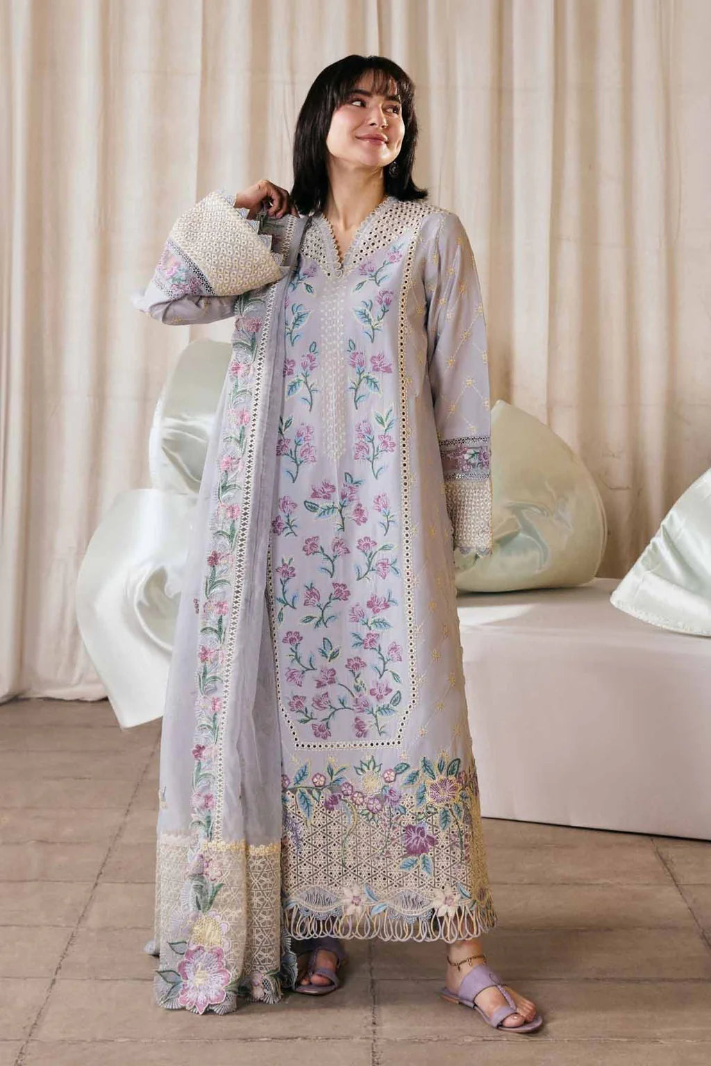 MARYAM HUSSAIN-3PC LAWN EMBROIDERED SHIRT WITH KHADDI NET EMB DUPATTA AND TROUSER-UR-4259