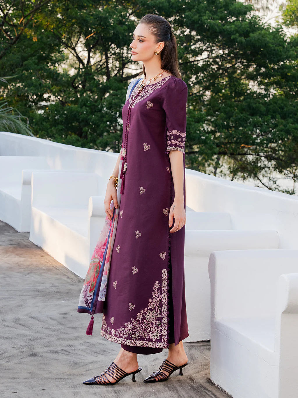 IZEL-3PC LAWN EMBROIDERED SHIRT WITH CHIFFON PRINT DUPATTA AND EMB TROUSER-UR-4551