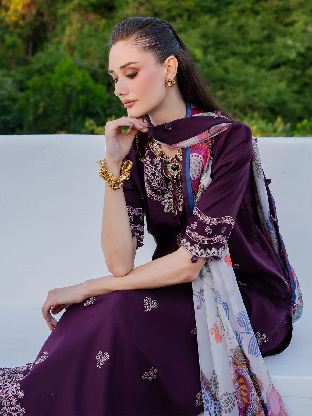 IZEL-3PC LAWN EMBROIDERED SHIRT WITH CHIFFON PRINT DUPATTA AND EMB TROUSER-UR-4551