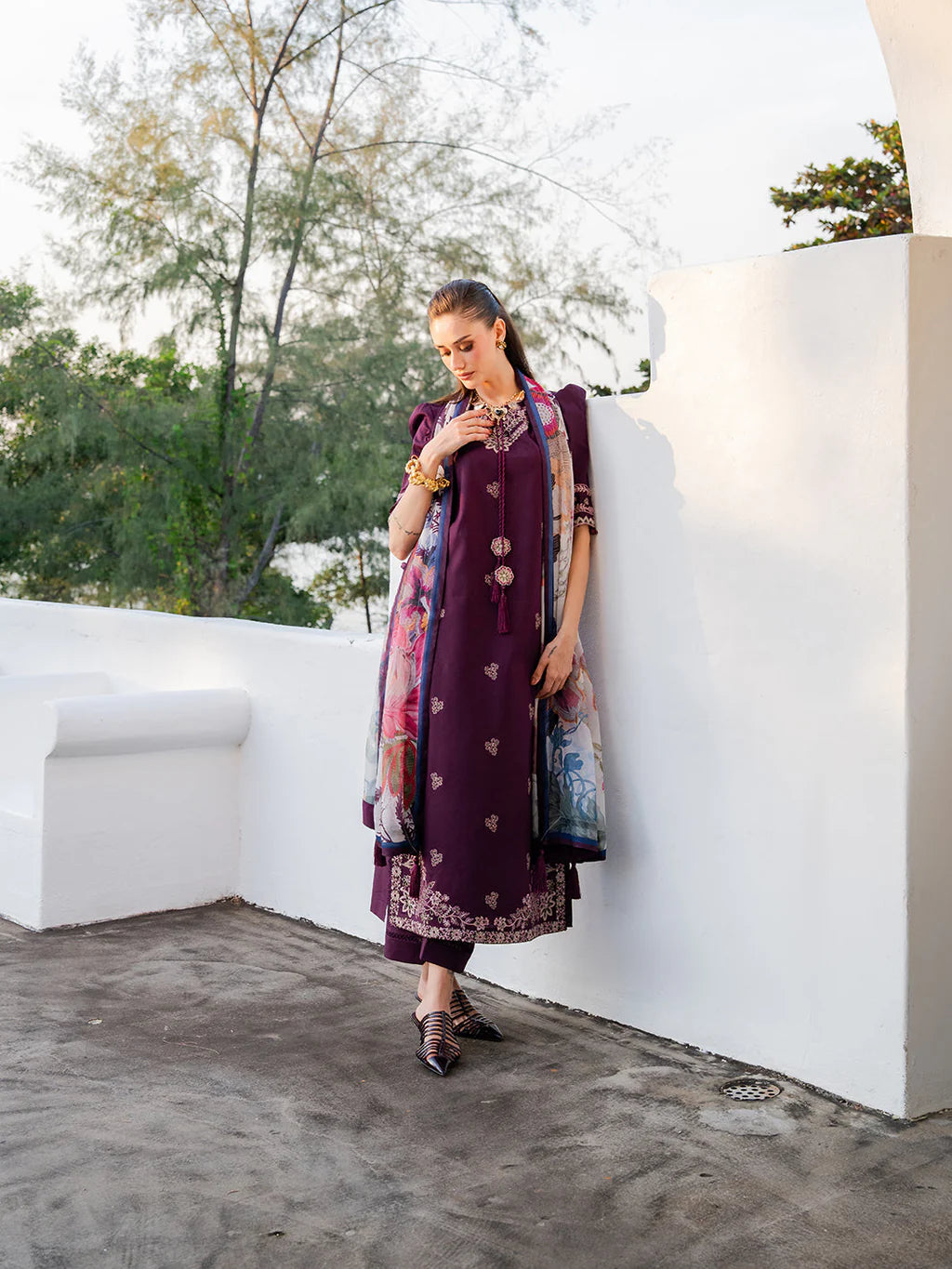 IZEL-3PC LAWN EMBROIDERED SHIRT WITH CHIFFON PRINT DUPATTA AND EMB TROUSER-UR-4551