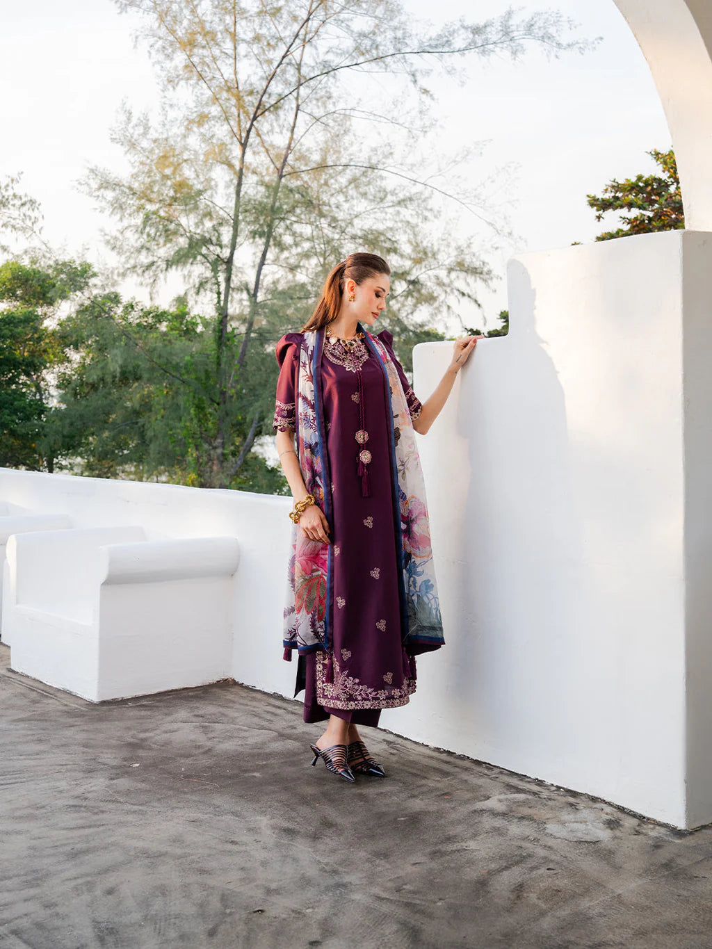 IZEL-3PC LAWN EMBROIDERED SHIRT WITH CHIFFON PRINT DUPATTA AND EMB TROUSER-UR-4551