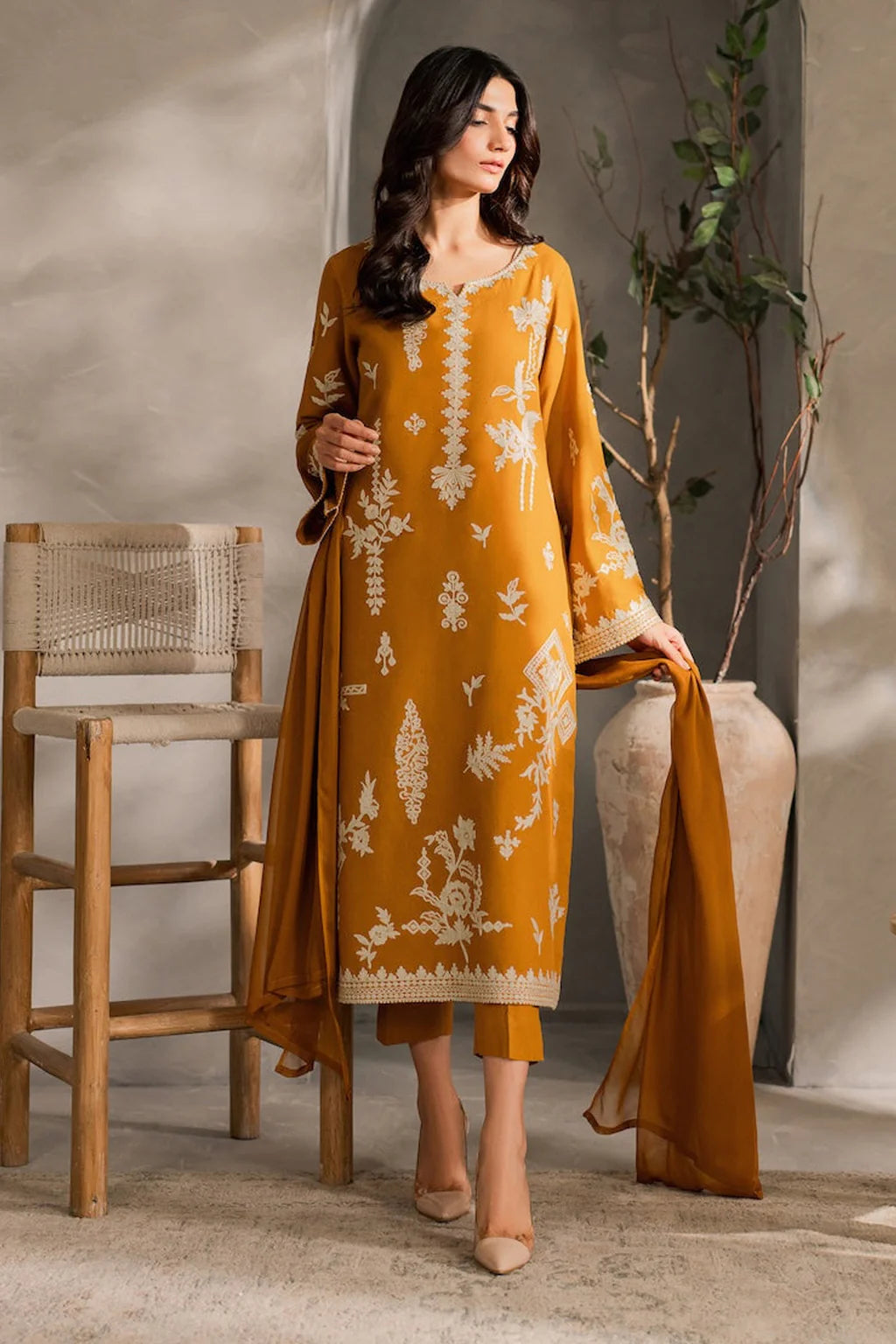 MIRANA-3PC DHANAK EMBROIDERED SHIRT WITH BAMBER CHIFFON DUPATTA AND TROUSER-UR-3924