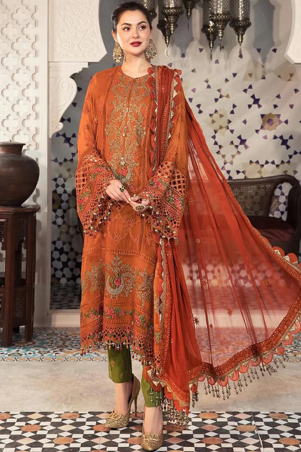 MARIA.B-3PC DHANAK EMBROIDERED SHIRT WITH CHIFFON EMBROIDERED DUPATTA & TROUSER-UR-3854