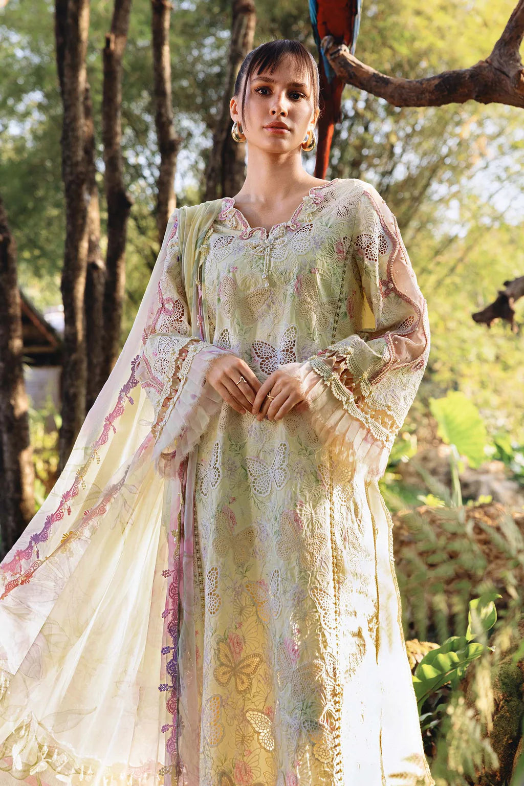 MARIA.B-3PC LAWN PRINTED CHIKAN EMB SHIRT WITH SILK PRINTED DUPATTA AND TROUSER-UR-540