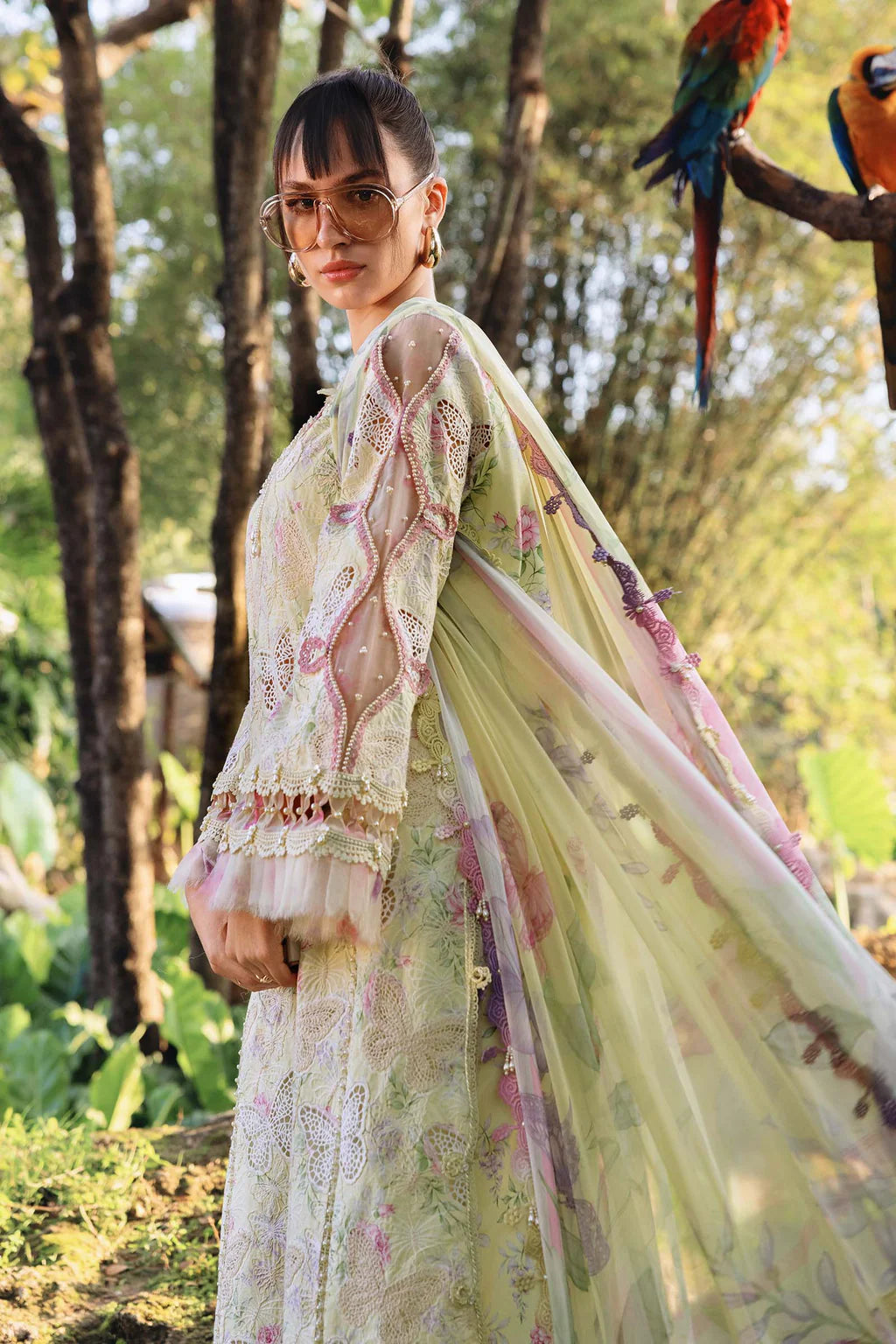 MARIA.B-3PC LAWN PRINTED CHIKAN EMB SHIRT WITH SILK PRINTED DUPATTA AND TROUSER-UR-540