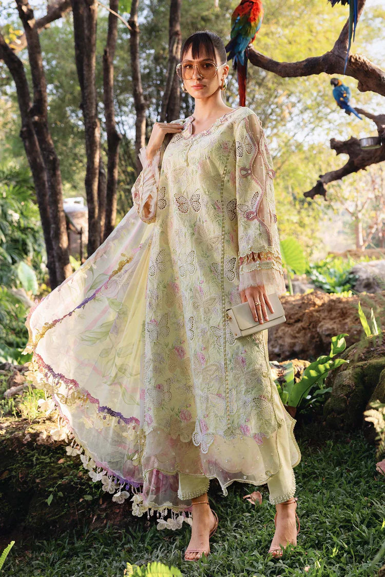 MARIA.B-3PC LAWN PRINTED CHIKAN EMB SHIRT WITH SILK PRINTED DUPATTA AND TROUSER-UR-540