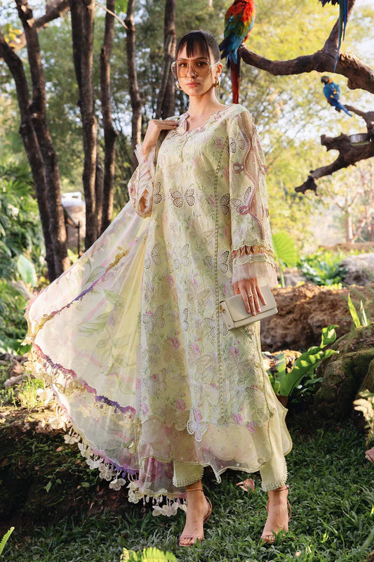 MARIA.B-3PC LAWN PRINTED CHIKAN EMB SHIRT WITH SILK PRINTED DUPATTA AND TROUSER-UR-540