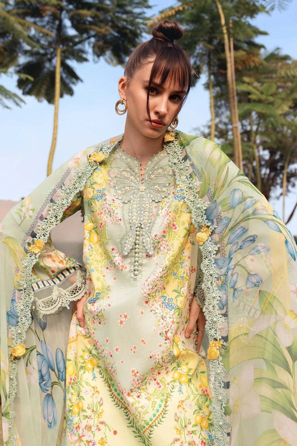 MARIA.B-3PC LAWN PRINTED EMB SHIRT WITH SILK PRINTED DUPATTA AND TROUSER-UR-534