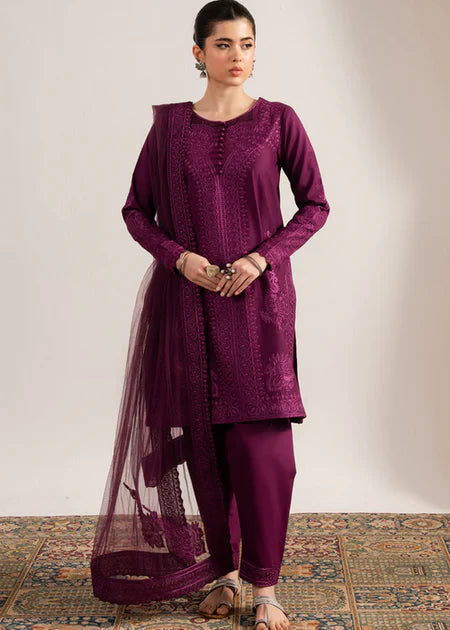 MARYAM & MARIA-3PC DHANAK EMBROIDERED SHIRT WITH ORGANZA EMBROIDERED DUPATTA & TROUSER-UR-3860