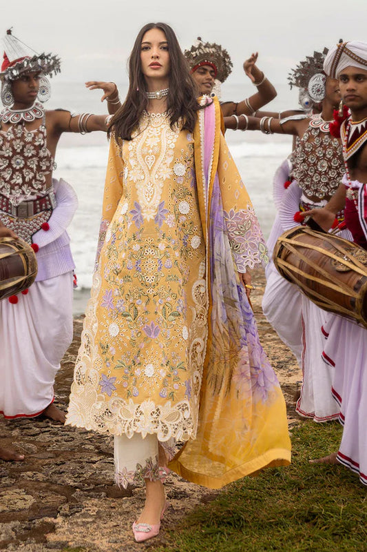 MUSHQ-3PC DHANAK CHIKAN EMBROIDERED SHIRT WITH COURTRAI PRINTED SHAWL & EMB TROUSER-UR-3990