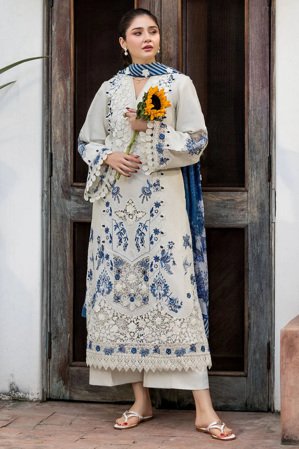 MOTIFZ-3PC LAWN HEAVY EMBROIDERED SHIRT WITH SILK PRINTED DUPATTA AND TROUSER-UR-4591