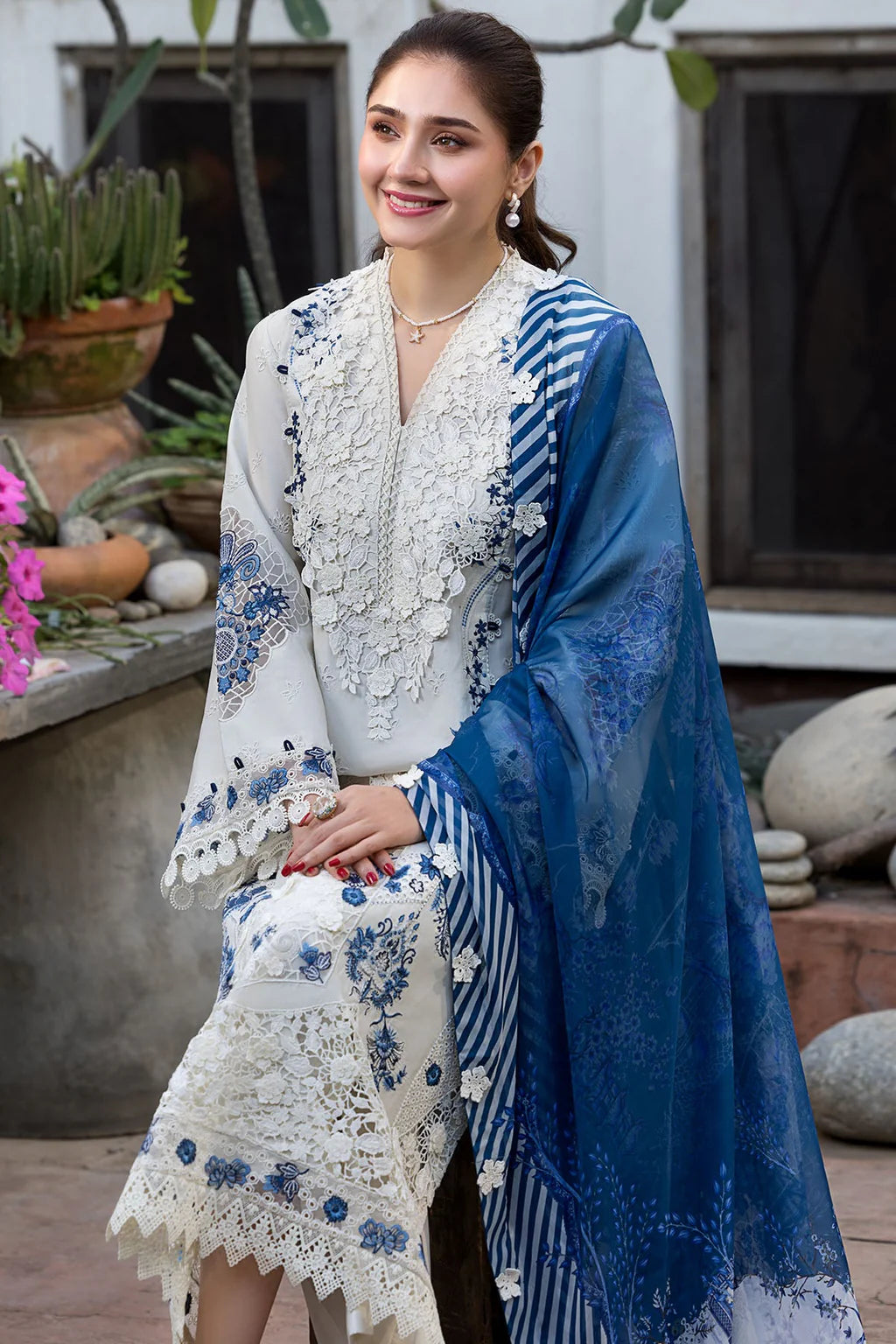 MOTIFZ-3PC LAWN HEAVY EMBROIDERED SHIRT WITH SILK PRINTED DUPATTA AND TROUSER-UR-4591