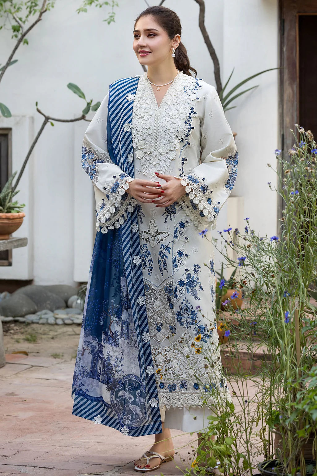MOTIFZ-3PC LAWN HEAVY EMBROIDERED SHIRT WITH SILK PRINTED DUPATTA AND TROUSER-UR-4591