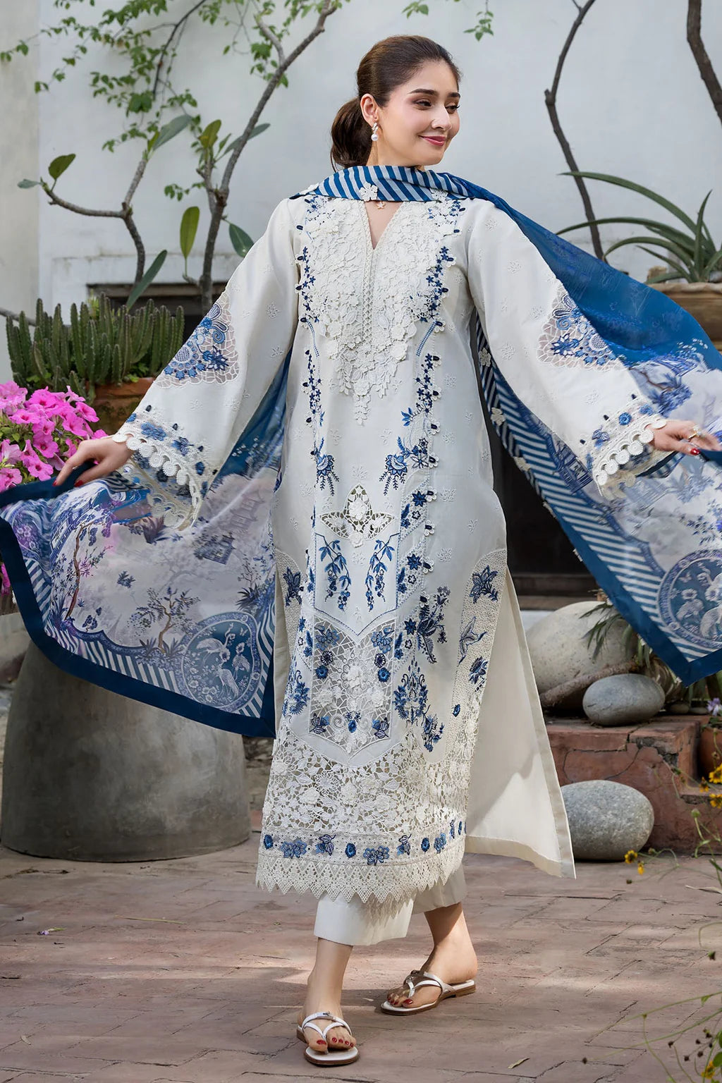MOTIFZ-3PC LAWN HEAVY EMBROIDERED SHIRT WITH SILK PRINTED DUPATTA AND TROUSER-UR-4591