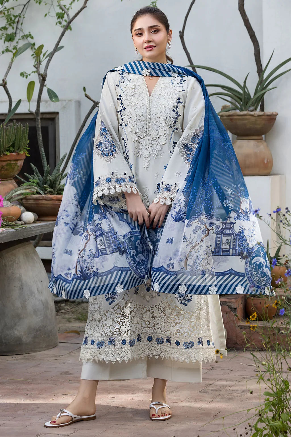 MOTIFZ-3PC LAWN HEAVY EMBROIDERED SHIRT WITH SILK PRINTED DUPATTA AND TROUSER-UR-4591