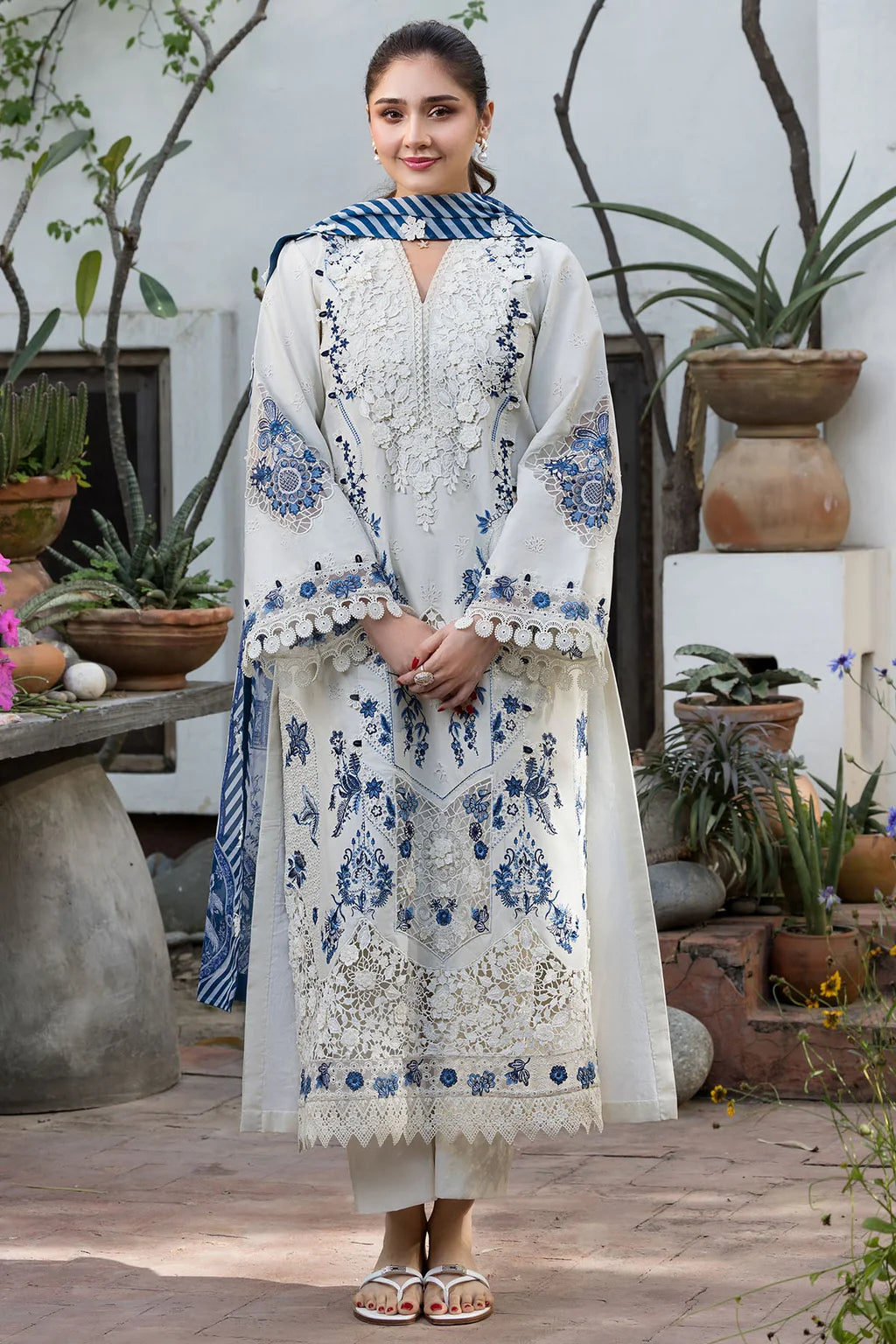 MOTIFZ-3PC LAWN HEAVY EMBROIDERED SHIRT WITH SILK PRINTED DUPATTA AND TROUSER-UR-4591