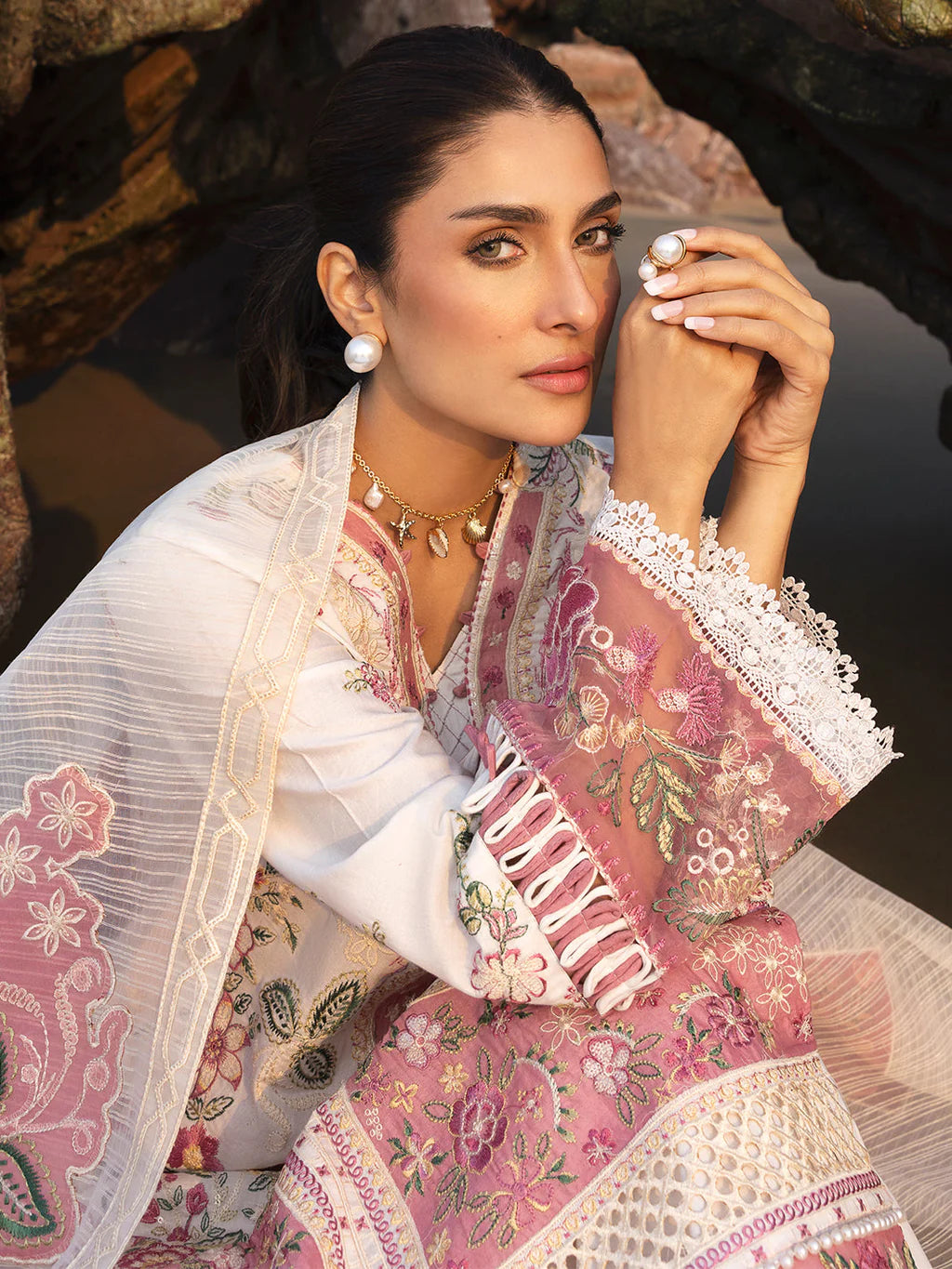 MAHNUR-3PC LAWN CHIKAN HEAVY EMBROIDERED SHIRT WITH KHADDI NET EMBROIDERED DUPATTA AND TROUSER-UR-4271