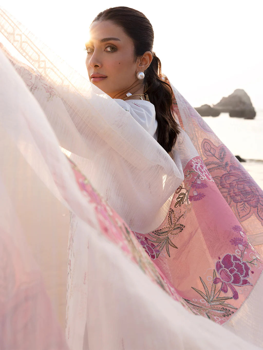 MAHNUR-3PC LAWN CHIKAN HEAVY EMBROIDERED SHIRT WITH KHADDI NET EMBROIDERED DUPATTA AND TROUSER-UR-4271