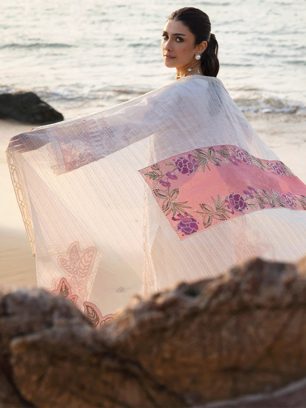 MAHNUR-3PC LAWN CHIKAN HEAVY EMBROIDERED SHIRT WITH KHADDI NET EMBROIDERED DUPATTA AND TROUSER-UR-4271