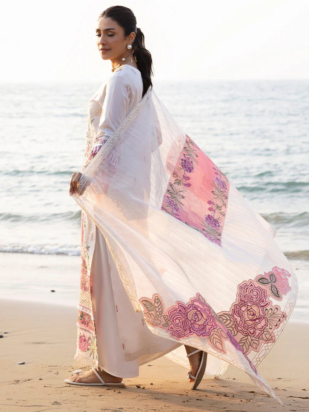 MAHNUR-3PC LAWN CHIKAN HEAVY EMBROIDERED SHIRT WITH KHADDI NET EMBROIDERED DUPATTA AND TROUSER-UR-4271