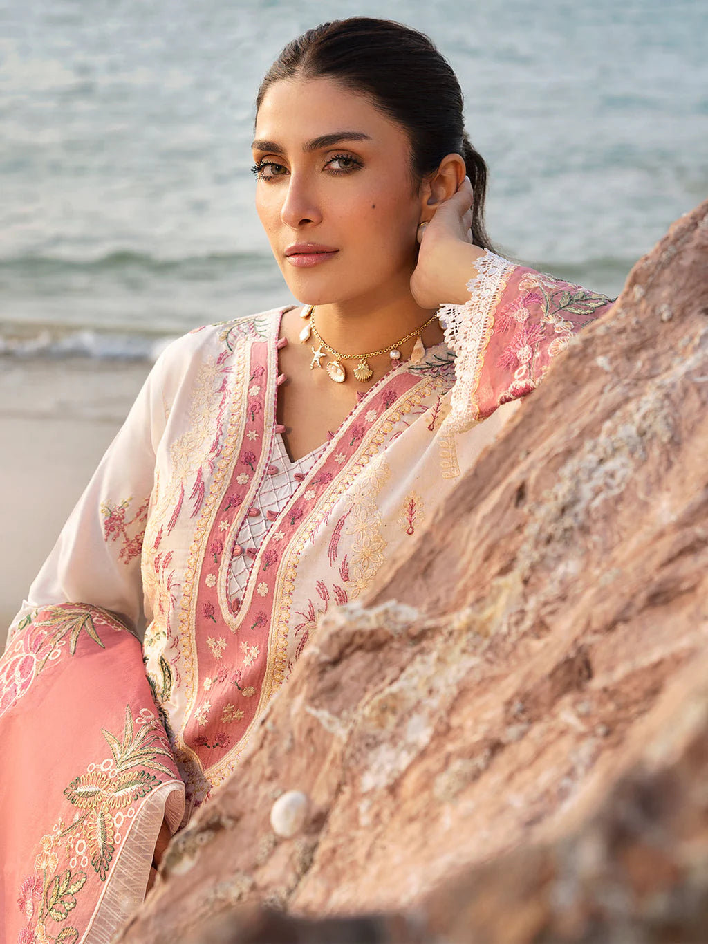 MAHNUR-3PC LAWN CHIKAN HEAVY EMBROIDERED SHIRT WITH KHADDI NET EMBROIDERED DUPATTA AND TROUSER-UR-4271