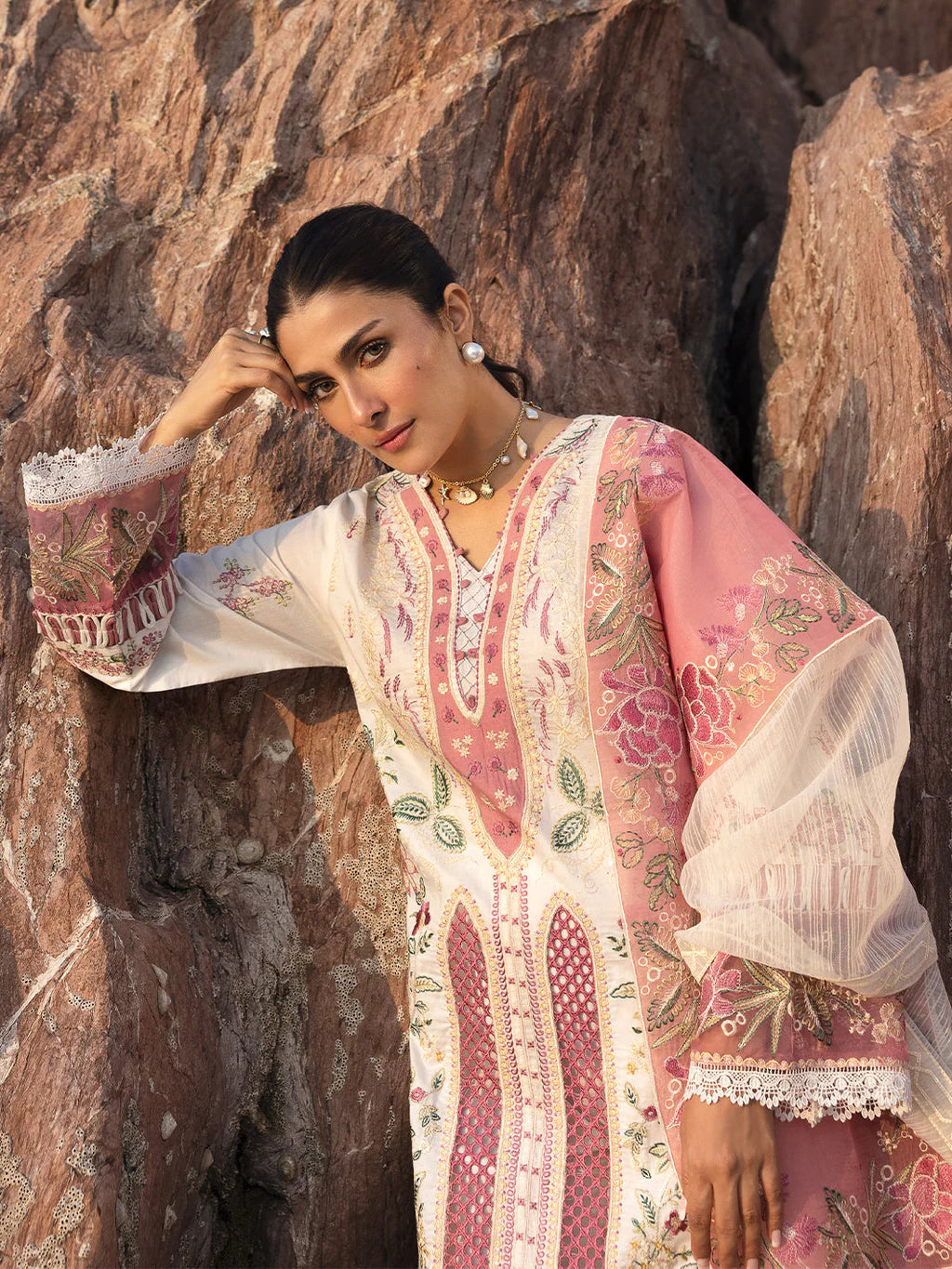 MAHNUR-3PC LAWN CHIKAN HEAVY EMBROIDERED SHIRT WITH KHADDI NET EMBROIDERED DUPATTA AND TROUSER-UR-4271