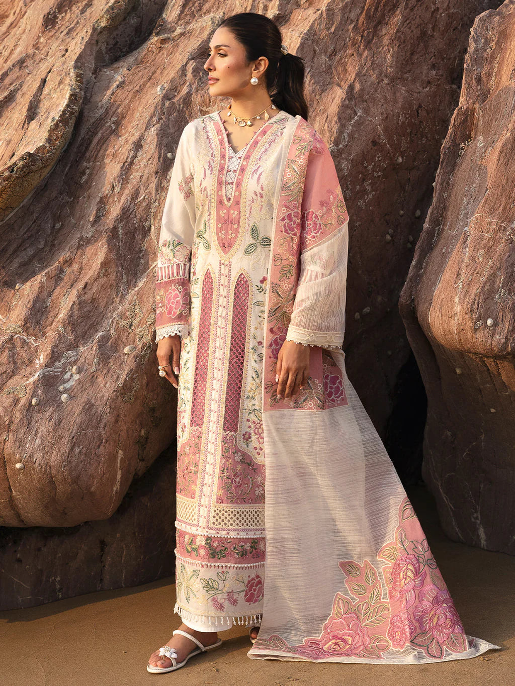 MAHNUR-3PC LAWN CHIKAN HEAVY EMBROIDERED SHIRT WITH KHADDI NET EMBROIDERED DUPATTA AND TROUSER-UR-4271