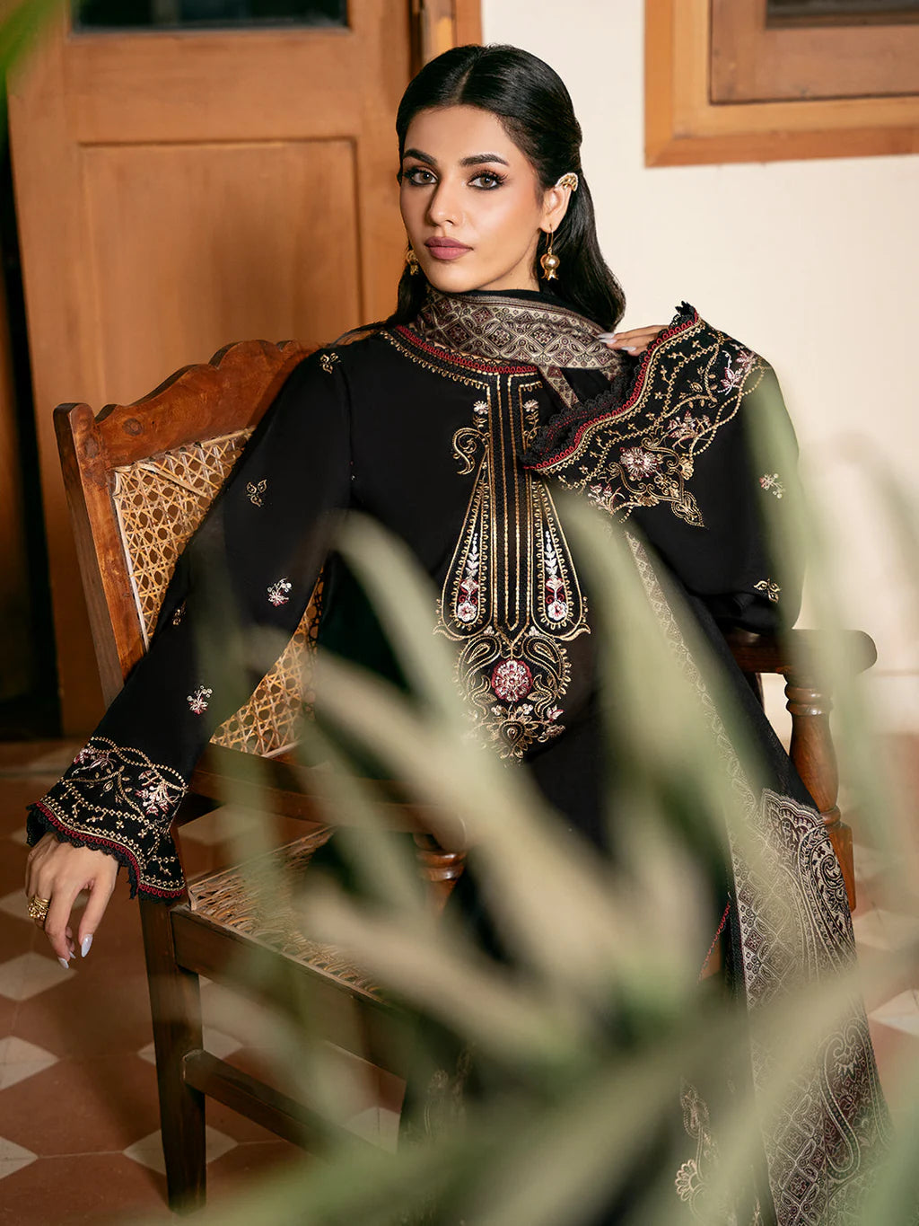 IZEL-3PC DHANAK EMBROIDERED SHIRT WITH COURTRAI PRINTED SHAWL & TROUSER-UR-4321