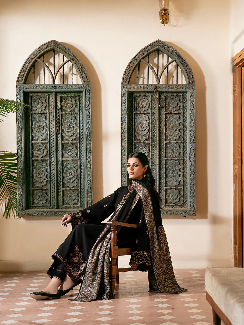 IZEL-3PC DHANAK EMBROIDERED SHIRT WITH COURTRAI PRINTED SHAWL & TROUSER-UR-4321